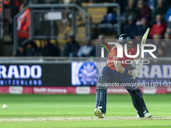 Jacob Bethell of England bats during the Second Vitality T20 International match between England and Australia in Cardiff, Wales, on Septemb...