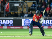 Jacob Bethell of England bats during the Second Vitality T20 International match between England and Australia in Cardiff, Wales, on Septemb...