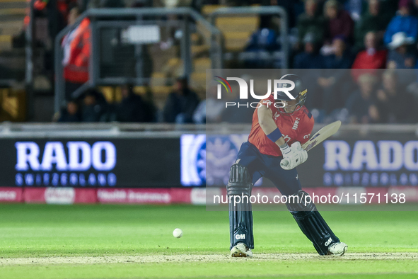 Jacob Bethell of England bats during the Second Vitality T20 International match between England and Australia in Cardiff, Wales, on Septemb...