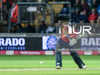 Jacob Bethell of England bats during the Second Vitality T20 International match between England and Australia in Cardiff, Wales, on Septemb...