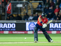 Jacob Bethell of England bats during the Second Vitality T20 International match between England and Australia in Cardiff, Wales, on Septemb...