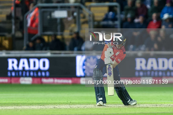 Jacob Bethell of England edges the ball to the boundary for 4 during the Second Vitality T20 International match between England and Austral...