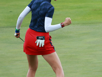 GAINESVILLE, VIRGINIA - SEPTEMBER 13: Nelly Korda of the United States reacts to her putt on the 14th green during Fourball Matches on Day O...