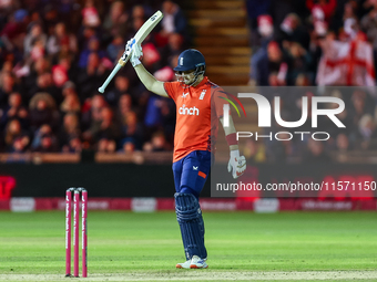 Liam Livingstone of England celebrates his half-century during the Second Vitality T20 International match between England and Australia at...