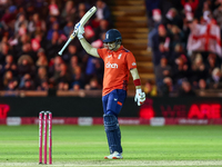 Liam Livingstone of England celebrates his half-century during the Second Vitality T20 International match between England and Australia at...