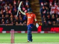 Liam Livingstone of England celebrates his half-century during the Second Vitality T20 International match between England and Australia at...