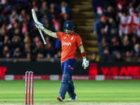 Liam Livingstone of England celebrates his half-century during the Second Vitality T20 International match between England and Australia at...