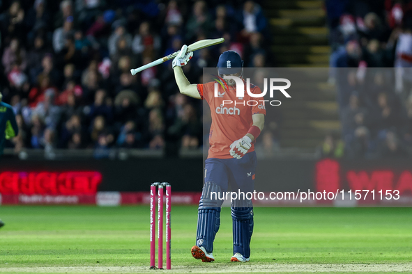 Liam Livingstone of England celebrates his half-century during the Second Vitality T20 International match between England and Australia at...