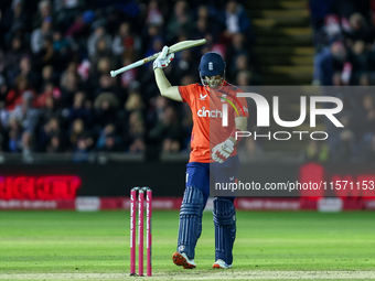 Liam Livingstone of England celebrates his half-century during the Second Vitality T20 International match between England and Australia at...