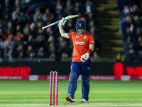 Liam Livingstone of England celebrates his half-century during the Second Vitality T20 International match between England and Australia at...