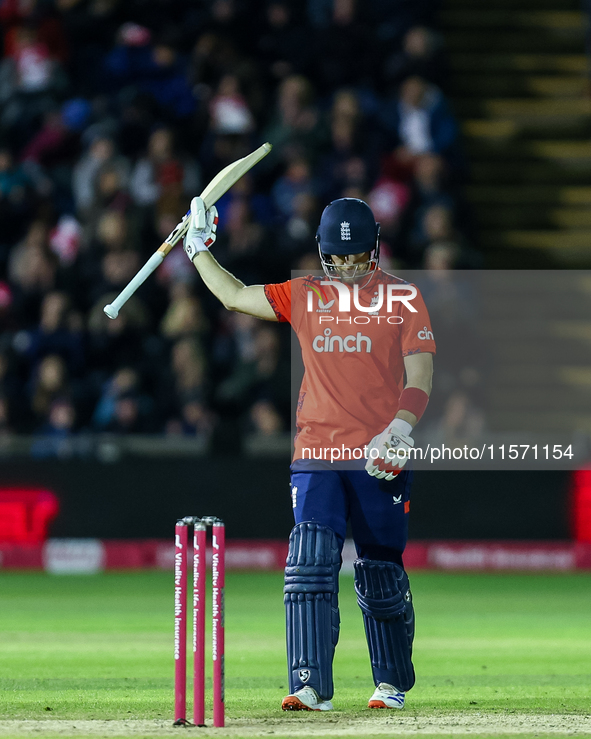 Liam Livingstone of England celebrates his half-century during the Second Vitality T20 International match between England and Australia at...