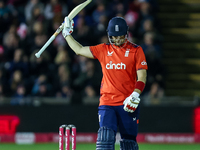 Liam Livingstone of England celebrates his half-century during the Second Vitality T20 International match between England and Australia at...