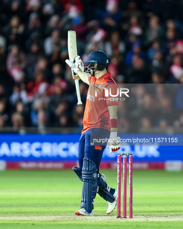 Liam Livingstone of England celebrates his half-century during the Second Vitality T20 International match between England and Australia at...