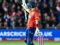 Liam Livingstone of England celebrates his half-century during the Second Vitality T20 International match between England and Australia at...