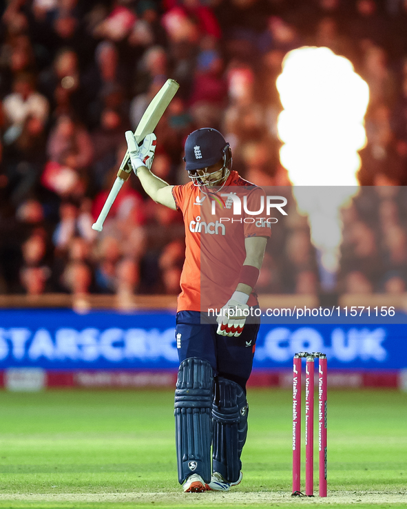 Liam Livingstone of England celebrates his half-century during the Second Vitality T20 International match between England and Australia at...