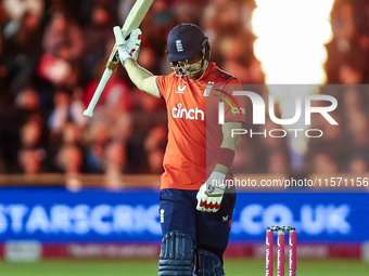 Liam Livingstone of England celebrates his half-century during the Second Vitality T20 International match between England and Australia at...