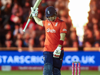 Liam Livingstone of England celebrates his half-century during the Second Vitality T20 International match between England and Australia at...