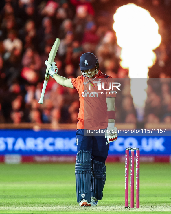 Liam Livingstone of England celebrates his half-century during the Second Vitality T20 International match between England and Australia at...