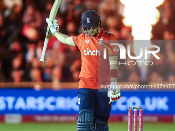 Liam Livingstone of England celebrates his half-century during the Second Vitality T20 International match between England and Australia at...