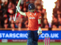 Liam Livingstone of England celebrates his half-century during the Second Vitality T20 International match between England and Australia at...