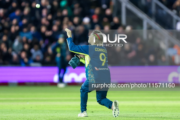 Cooper Connolly of Australia receives the ball as he prepares to bowl during the Second Vitality T20 International match between England and...