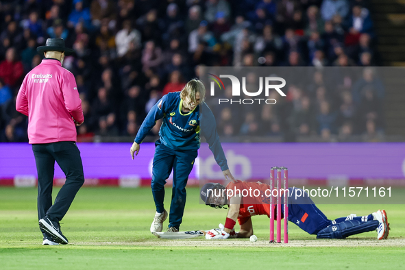 #9, Cooper Connolly of Australia, and #23, Liam Livingstone of England share a moment of levity following a collision and fall during the Se...