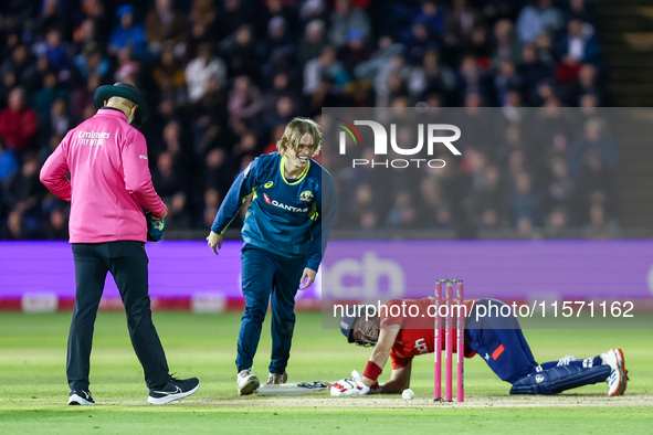 #9, Cooper Connolly of Australia, and #23, Liam Livingstone of England share a moment of levity following a collision and fall during the Se...