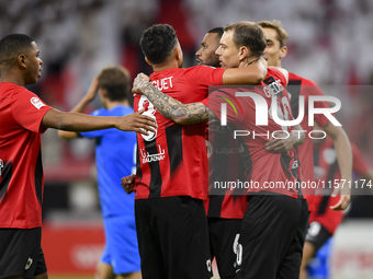 Mahmoud Ahmed Hassan (2nd L) of Al Rayyan SC celebrates with his teammates after scoring a goal during the Ooredoo Qatar Stars League 24/25...