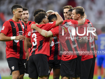 Mahmoud Ahmed Hassan (2nd R) of Al Rayyan SC celebrates with his teammates after scoring a goal during the Ooredoo Qatar Stars League 24/25...