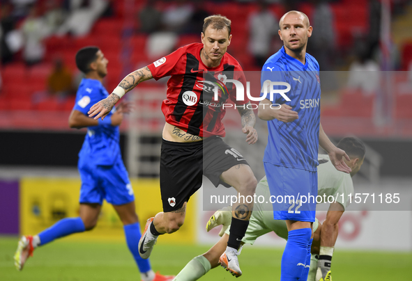 Roger Krug Guedes (C) of Al Rayyan SC celebrates after scoring a goal during the Ooredoo Qatar Stars League 24/25 match between Al Rayyan SC...