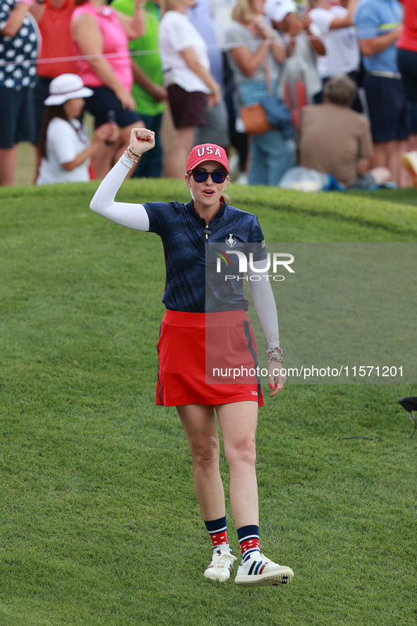 GAINESVILLE, VIRGINIA - SEPTEMBER 13: Vice Captain Paula Creamer of of Team USA cheers on the 14th green during Fourball Matches on Day One...