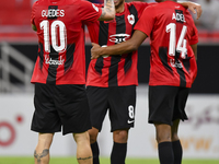 Roger Krug Guedes (L) of Al Rayyan SC celebrates after scoring a goal during the Ooredoo Qatar Stars League 24/25 match between Al Rayyan SC...