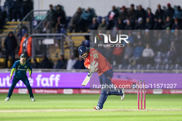 Liam Livingstone of England hits high with the bat during the Second Vitality T20 International match between England and Australia in Cardi...