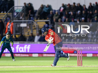 Liam Livingstone of England hits high with the bat during the Second Vitality T20 International match between England and Australia in Cardi...