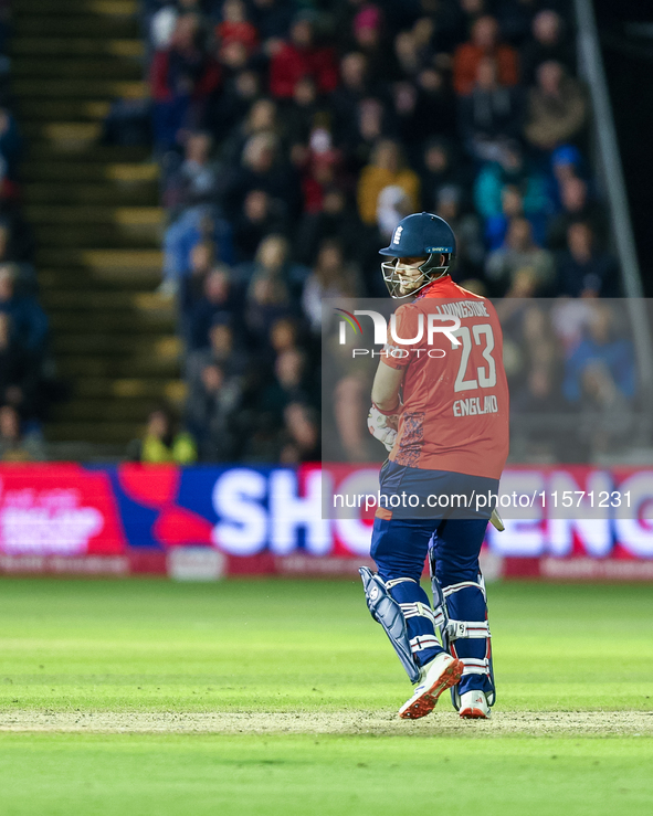 Liam Livingstone of England is frustrated by his dismissal during the Second Vitality T20 International match between England and Australia...