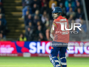 Liam Livingstone of England is frustrated by his dismissal during the Second Vitality T20 International match between England and Australia...