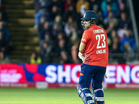 Liam Livingstone of England is frustrated by his dismissal during the Second Vitality T20 International match between England and Australia...