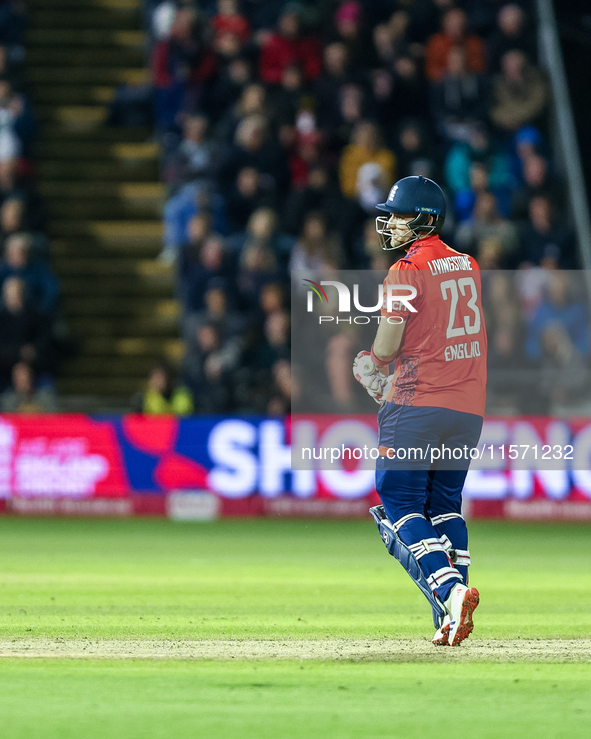 Liam Livingstone of England is frustrated by his dismissal during the Second Vitality T20 International match between England and Australia...