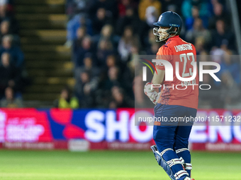 Liam Livingstone of England is frustrated by his dismissal during the Second Vitality T20 International match between England and Australia...