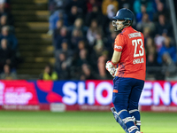 Liam Livingstone of England is frustrated by his dismissal during the Second Vitality T20 International match between England and Australia...