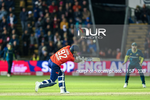 #92, Brydon Carse of England is in action during the Second Vitality T20 International match between England and Australia at Sofia Gardens...