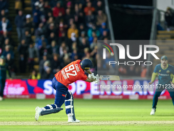 #92, Brydon Carse of England is in action during the Second Vitality T20 International match between England and Australia at Sofia Gardens...