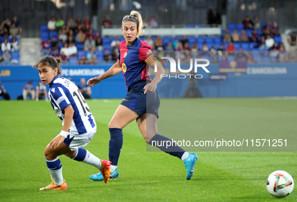 Alexia Putellas and Lorena Navarro play during the match between FC Barcelona Women and Real Sociedad Women, corresponding to week 2 of the...