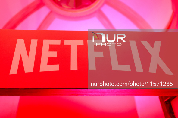 Netflix logo is seen during the premiere of the season fourth part two of 'Emily in Paris' Netflix series in Krakow, Poland on September 12t...