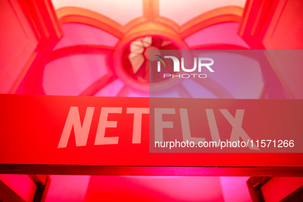 Netflix logo is seen during the premiere of the season fourth part two of 'Emily in Paris' Netflix series in Krakow, Poland on September 12t...