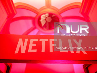 Netflix logo is seen during the premiere of the season fourth part two of 'Emily in Paris' Netflix series in Krakow, Poland on September 12t...