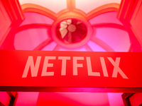 Netflix logo is seen during the premiere of the season fourth part two of 'Emily in Paris' Netflix series in Krakow, Poland on September 12t...