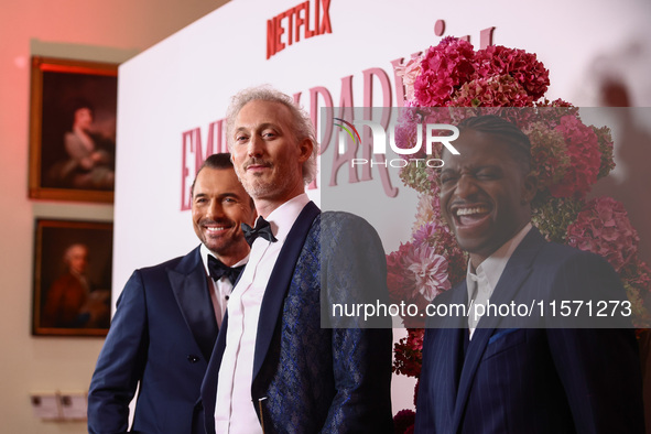 Actors William Abadie, Bruno Gouery  and Samuel Arnold attend a photocall during the premiere of the season fourth part two of 'Emily in Par...