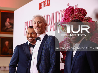 Actors William Abadie, Bruno Gouery  and Samuel Arnold attend a photocall during the premiere of the season fourth part two of 'Emily in Par...