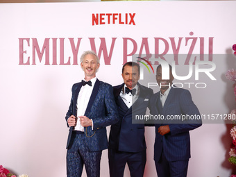 Actors Bruno Gouery, William Abadie and Samuel Arnold attend a photocall during the premiere of the season fourth part two of 'Emily in Pari...